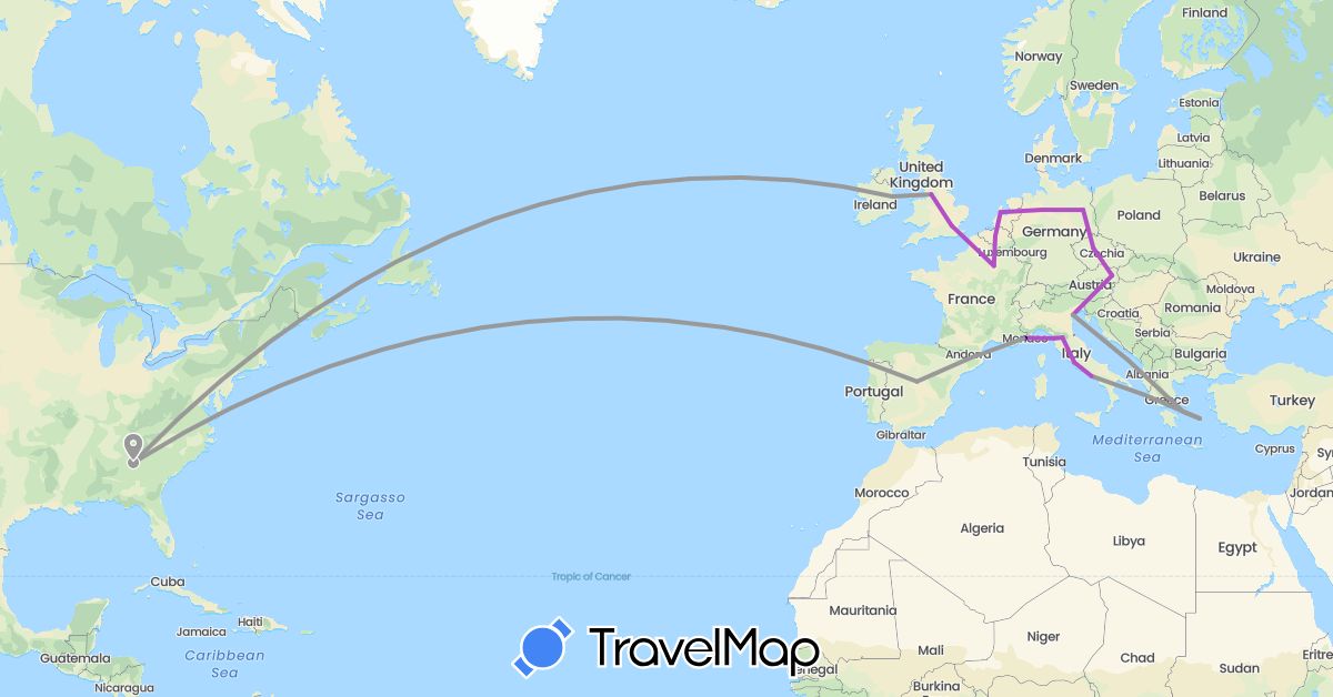 TravelMap itinerary: driving, plane, train in Austria, Belgium, Czech Republic, Germany, Spain, France, United Kingdom, Greece, Ireland, Italy, Monaco, Netherlands, United States (Europe, North America)